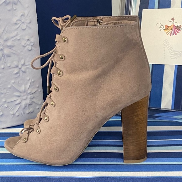 Light brown/beige suede like lace up open toe chunky high heel ankle booties - Picture 10 of 15